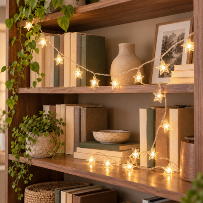 Star fairy lights in loose swags along a bookcase shelf, trailing down to the shelf below, glowing warm white in the evening