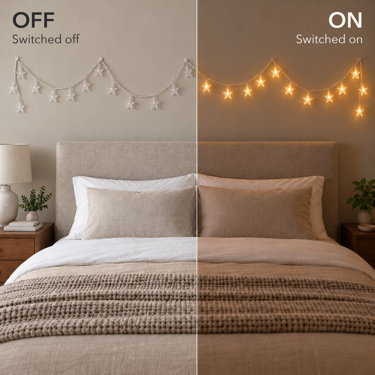 The same bedroom wall with star fairy lights in even swags above the bed, switched off by day on the left and lit warm white on the right