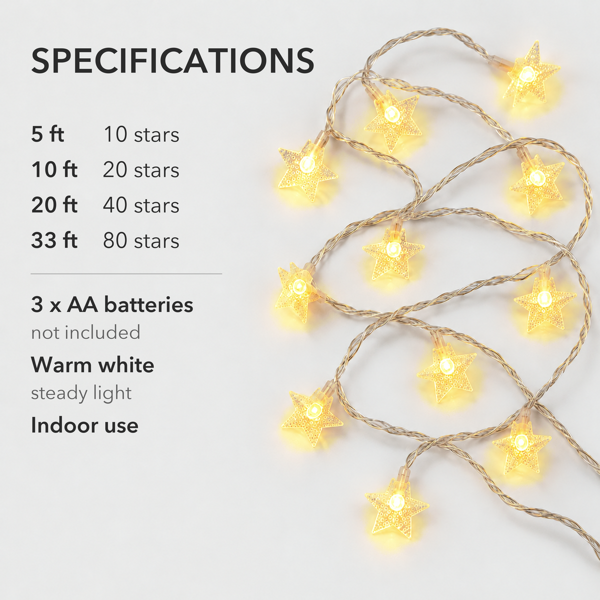 A loose coil of lit star fairy lights beside the four lengths and star counts, 5 ft with 10 stars up to 33 ft with 80 stars, and 3 AA batteries