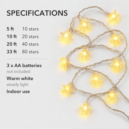 A loose coil of lit star fairy lights beside the four lengths and star counts, 5 ft with 10 stars up to 33 ft with 80 stars, and 3 AA batteries