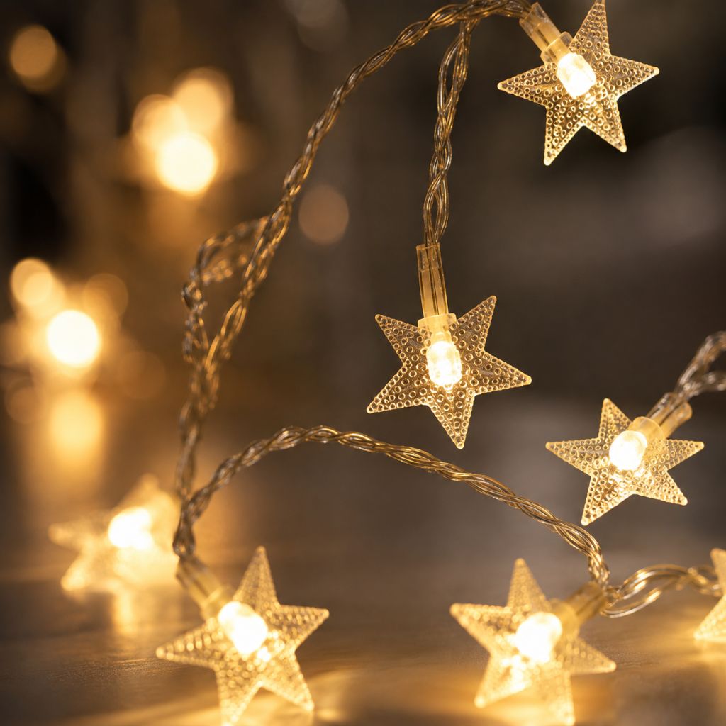 Close-up of clear dotted plastic stars glowing warm white on a twisted clear wire