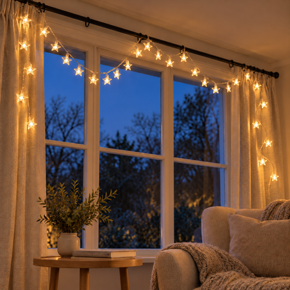 Star fairy lights in loose swags along a curtain pole and down both curtains of a window at dusk, glowing warm white