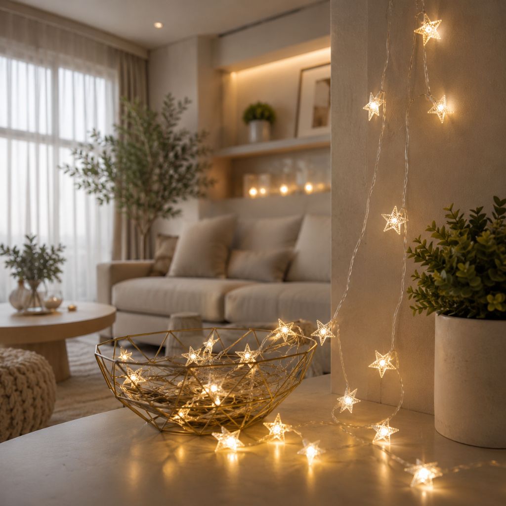 Star fairy lights in a gold wire basket and trailing down a wall in a softly lit living room