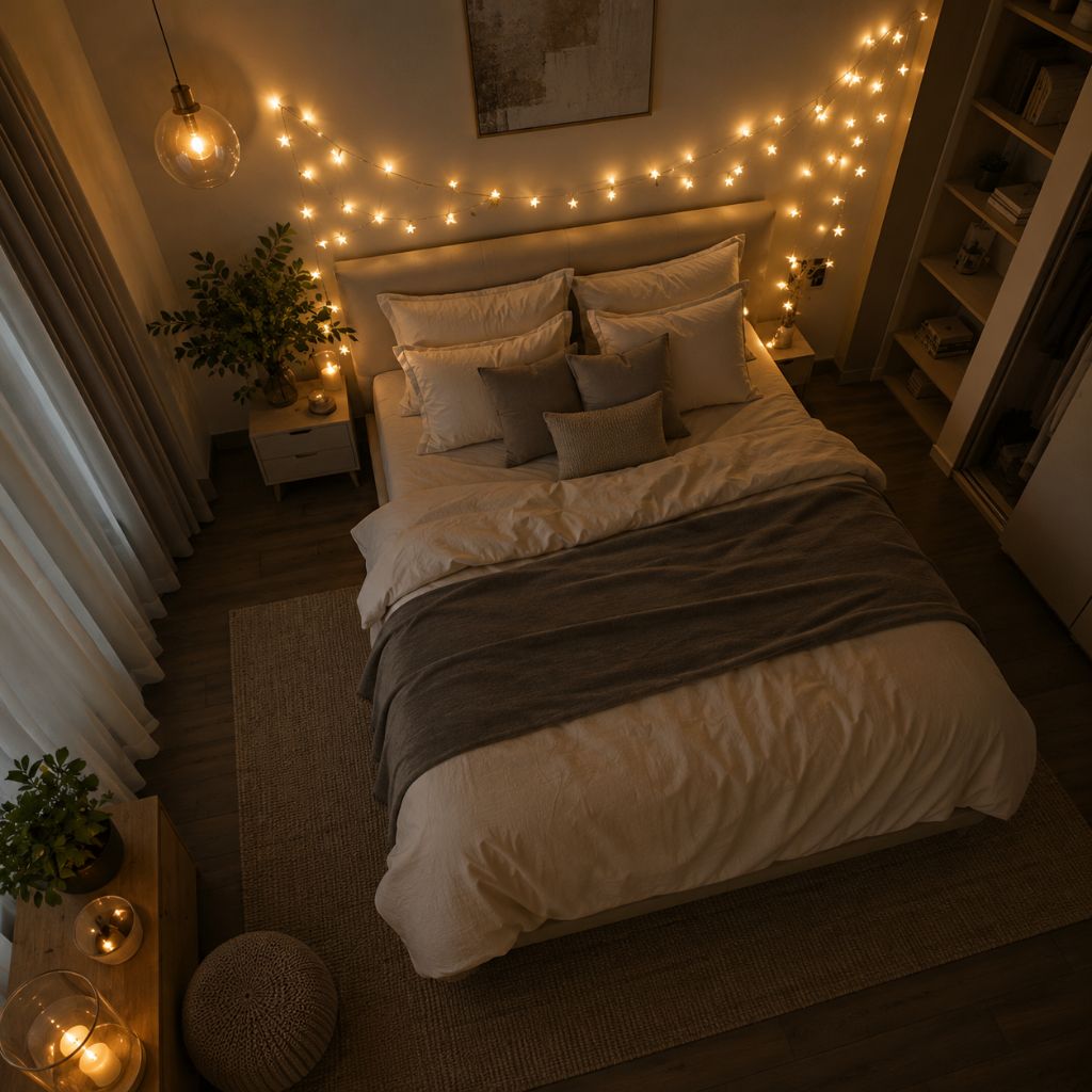 Star fairy lights in swags on the wall above a made bed in a bedroom in the evening