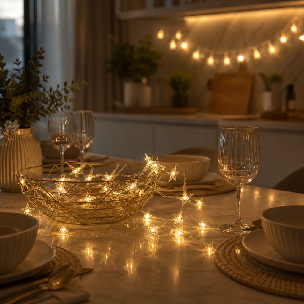 Star fairy lights in a gold wire basket and along a marble dining table set for dinner