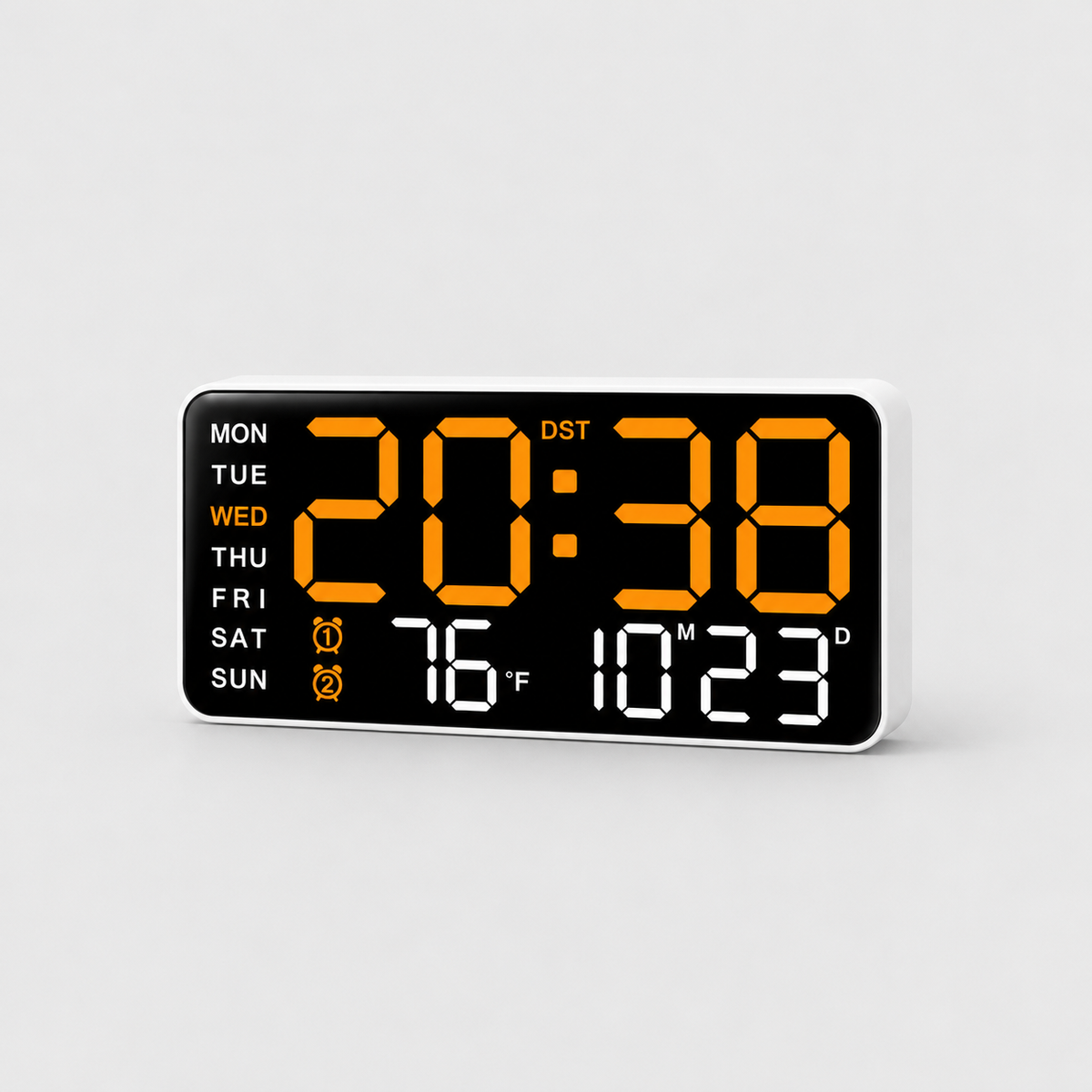 Large digital wall clock with orange LED time digits showing day, temperature and date, on a light grey background