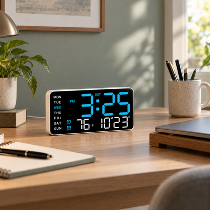 Digital desk clock with blue LED display standing on an oak desk in a home office