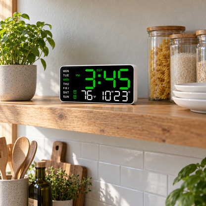 Digital clock with green LED display standing on an open kitchen shelf