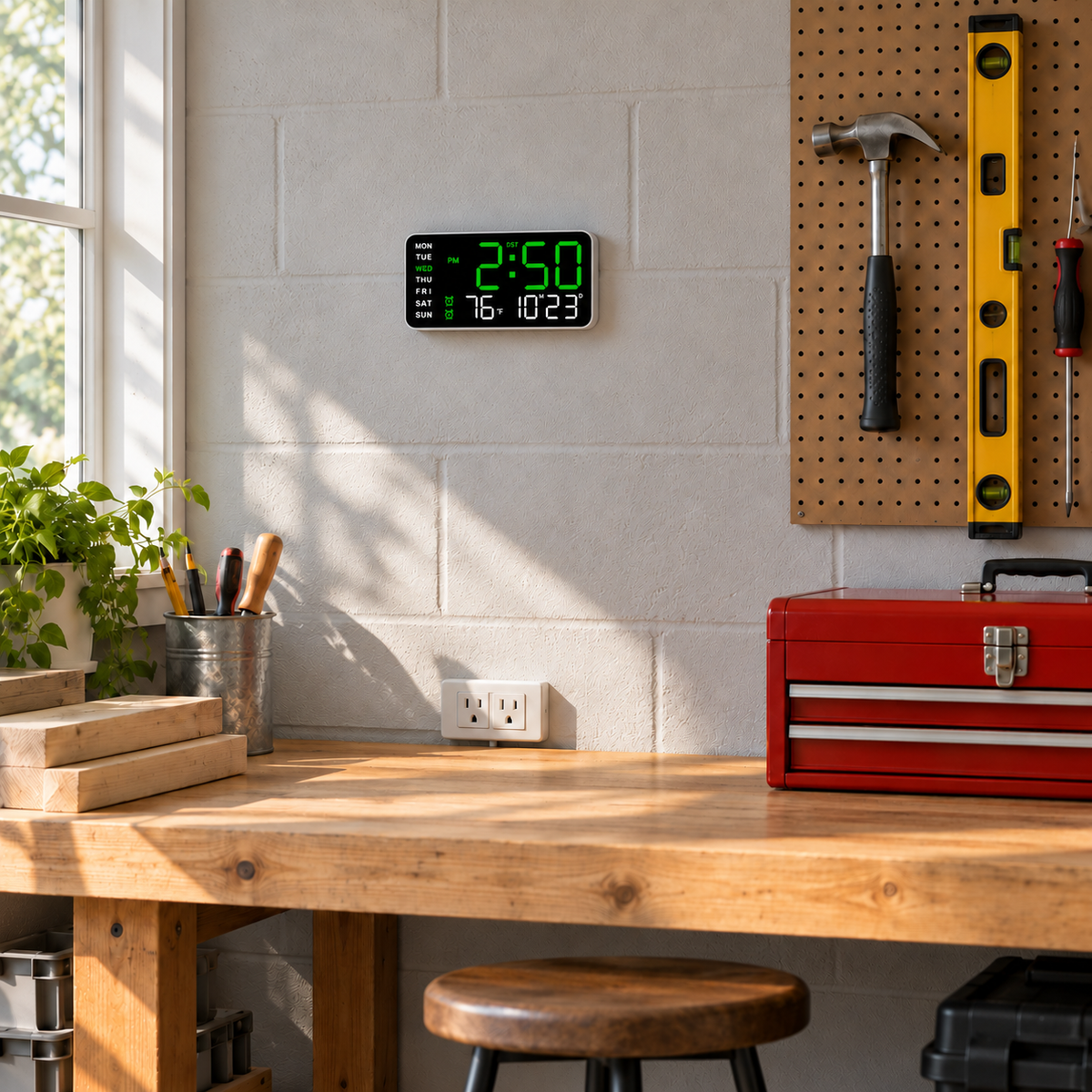 Large digital wall clock with green LED digits hung above a workbench in a garage workshop