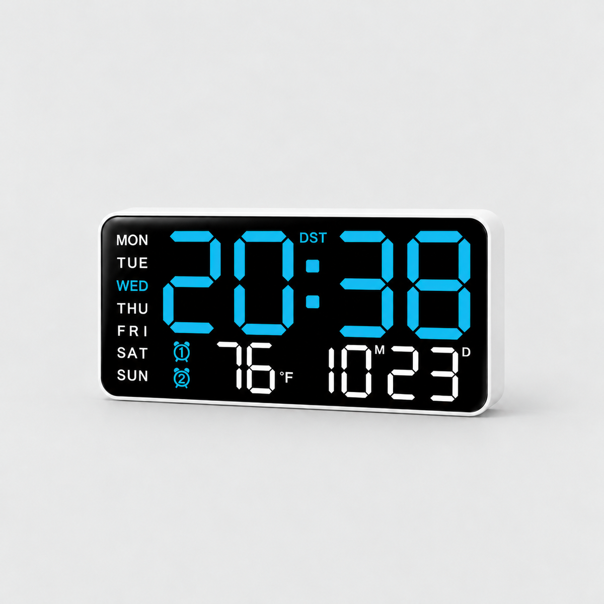 Large digital wall clock with blue LED time digits on a light grey background