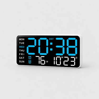Large digital wall clock with blue LED time digits on a light grey background
