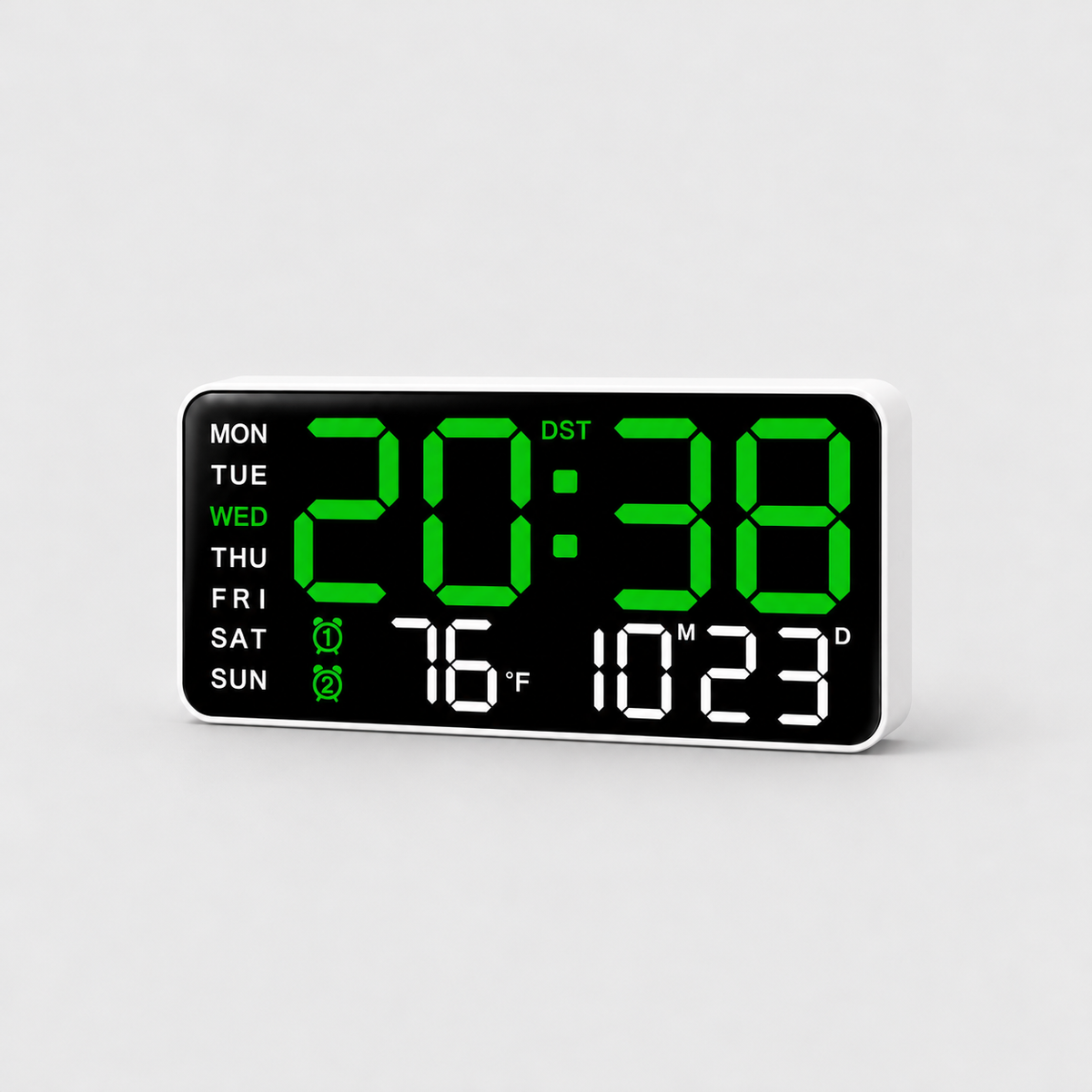 Large digital wall clock with green LED time digits on a light grey background