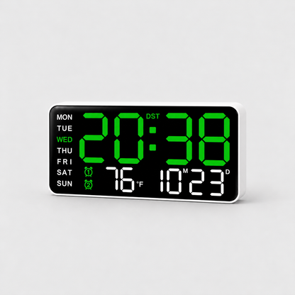 Large digital wall clock with green LED time digits on a light grey background