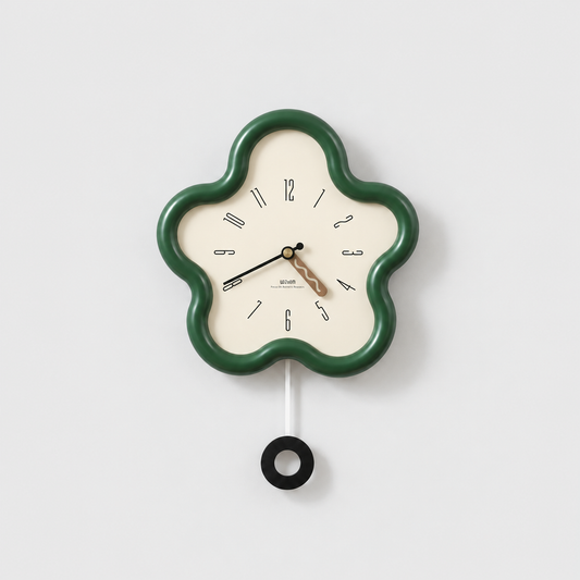 Green flower shaped pendulum wall clock with a cream dial and a black ring pendulum on a light gray background