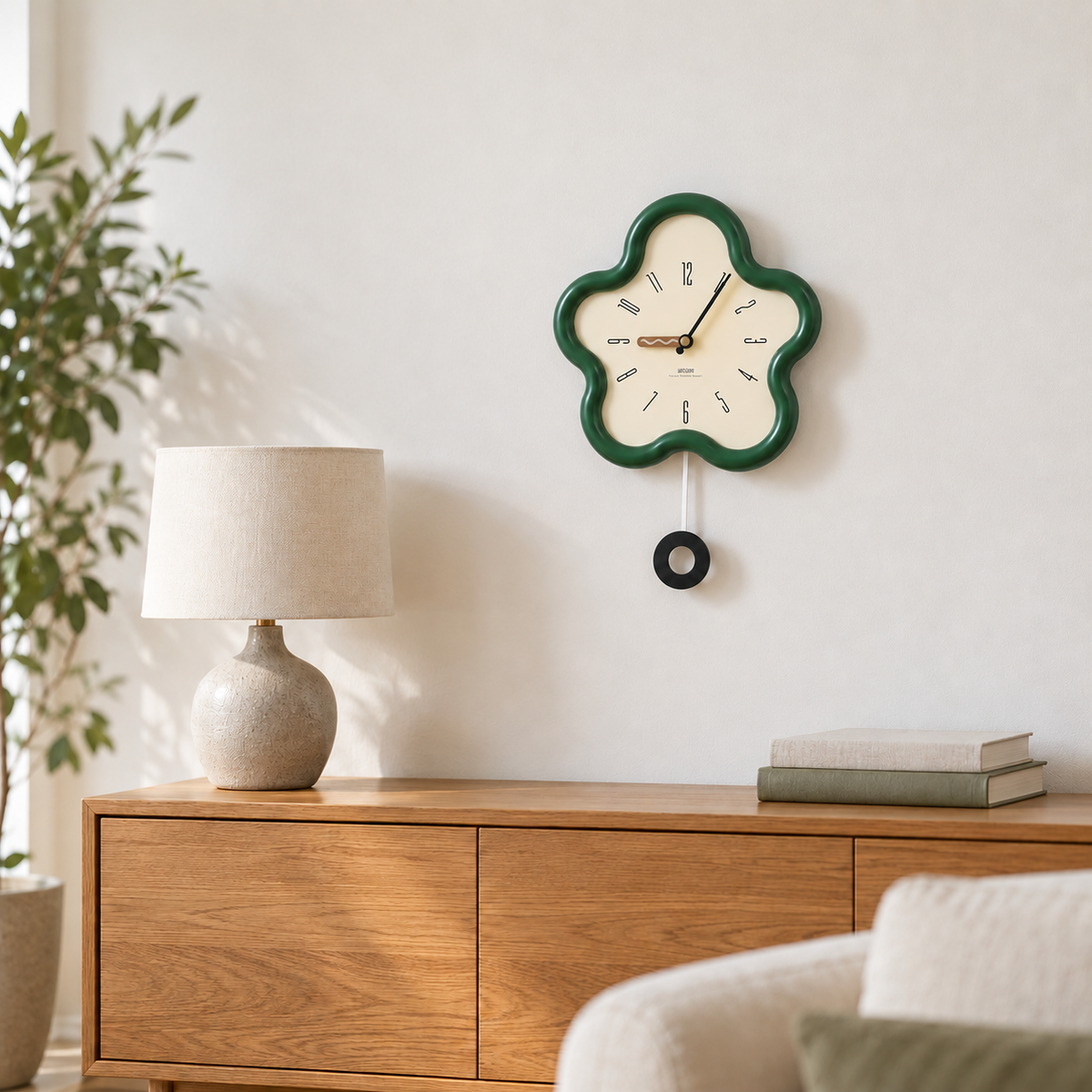 Green flower wall clock with a swinging pendulum hanging above an oak sideboard in a bright living room