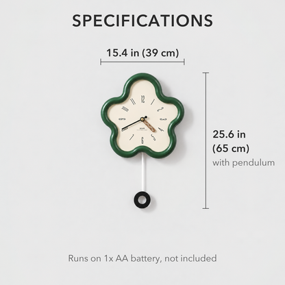 Flower pendulum wall clock specifications: 15.4 inches wide, 25.6 inches tall with the pendulum, runs on one AA battery
