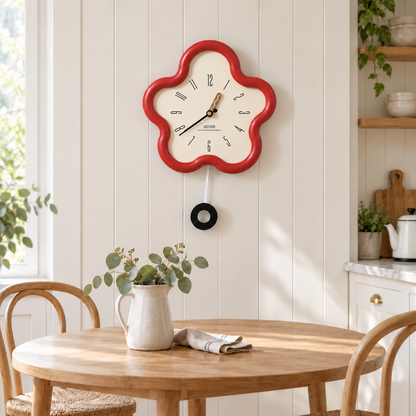 Red flower wall clock with a pendulum on a white paneled wall above a round wooden breakfast table