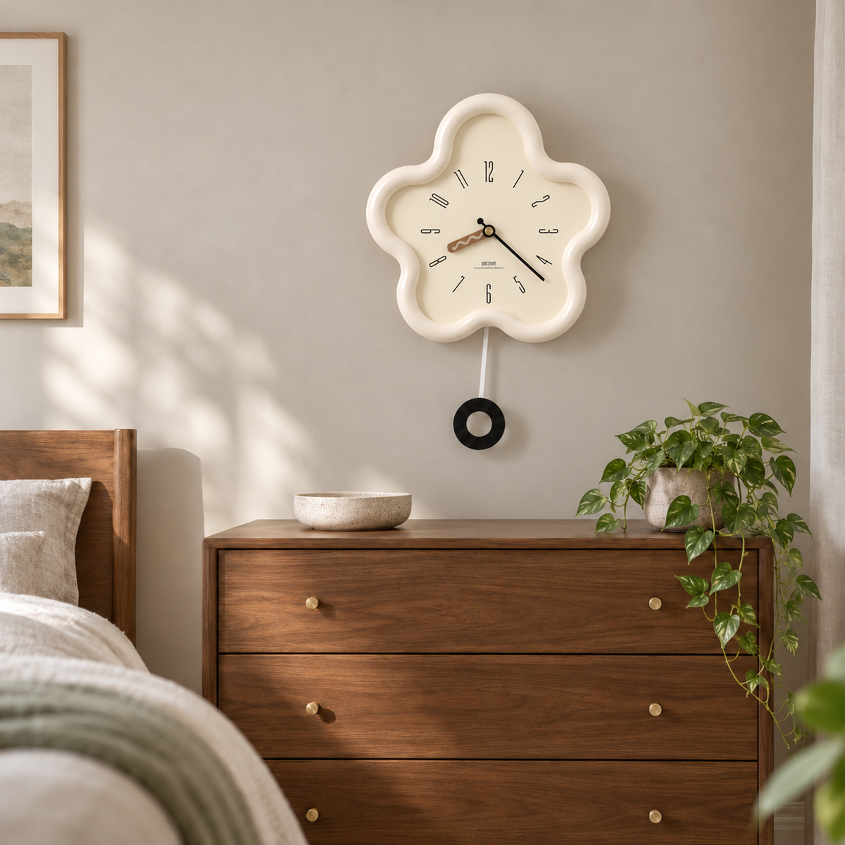 Cream flower pendulum wall clock on a soft gray bedroom wall above a walnut chest of drawers