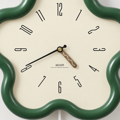Close-up of the cream dial with slim turned numerals, a walnut hour hand with a wavy inlay and a black minute hand