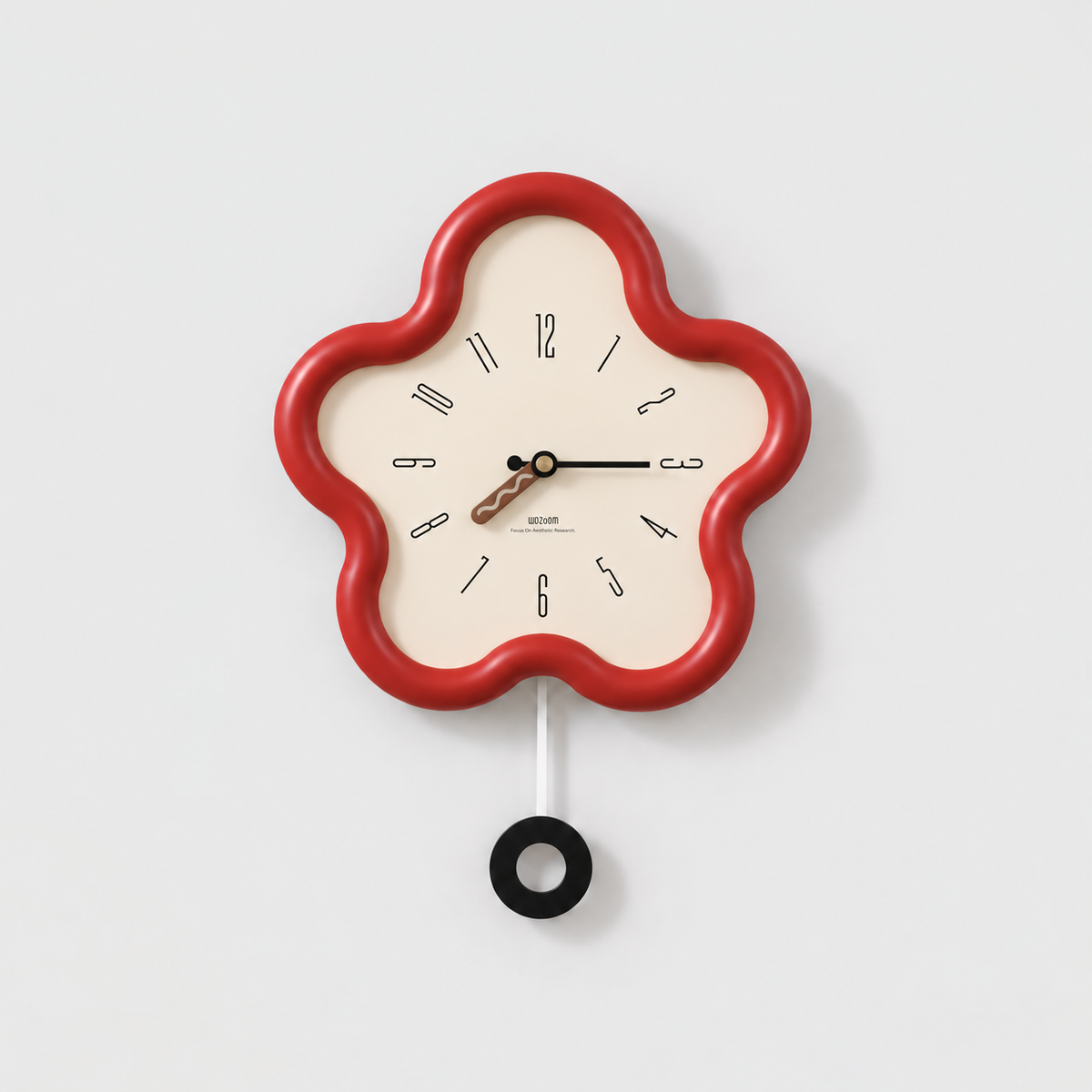 Red flower shaped pendulum wall clock with a cream dial and a black ring pendulum on a light gray background