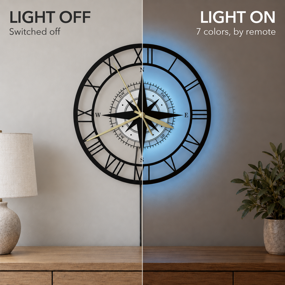 The same compass wall clock above a sideboard, LED off in daylight on the left and glowing blue in the evening on the right, with its cable hanging below