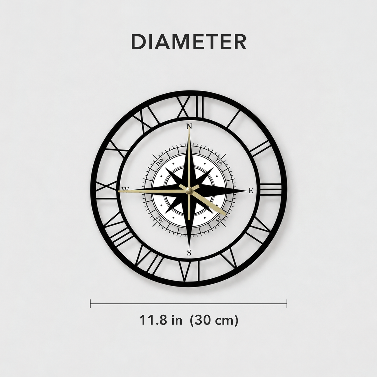 Text image: Diameter 11.8 inches, 30 centimeters, shown under the compass wall clock
