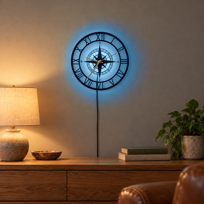 Compass wall clock with its LED backlight glowing soft blue above an oak console in a lamp-lit den in the evening