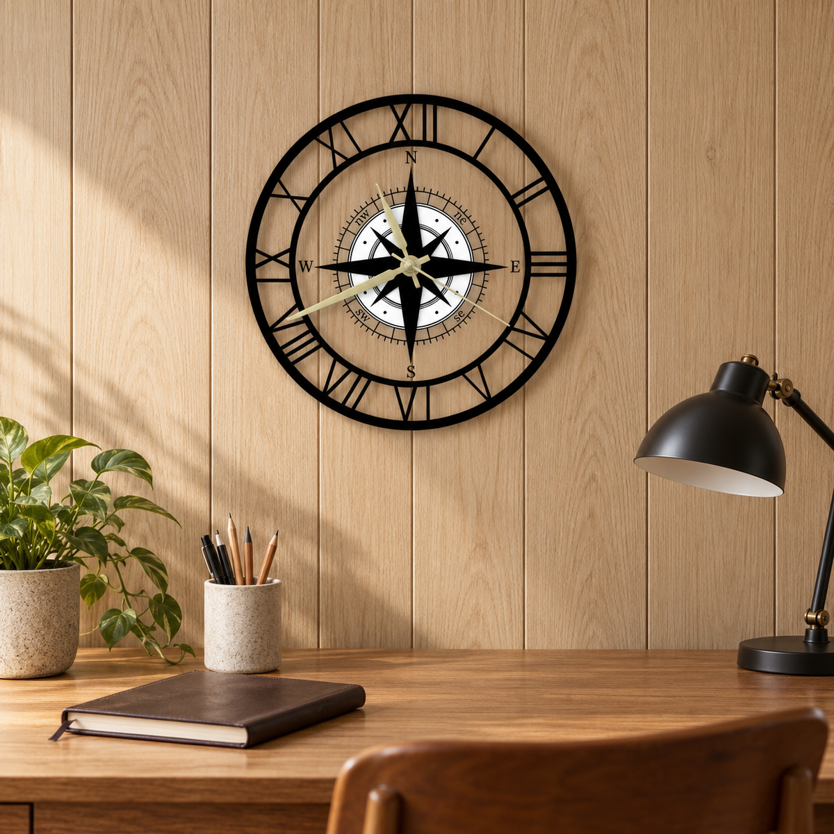 Clear acrylic compass wall clock on pale oak paneling above a desk, the wood grain visible through the face