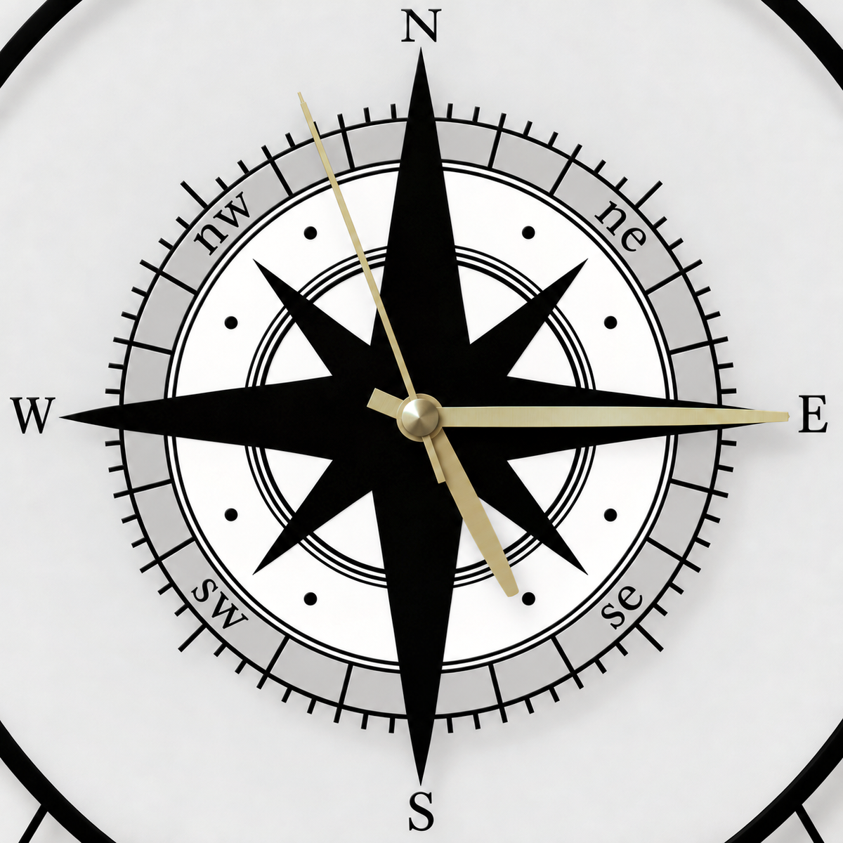 Close view of the clock's black compass rose with lowercase direction letters, graduation ticks and three gold hands