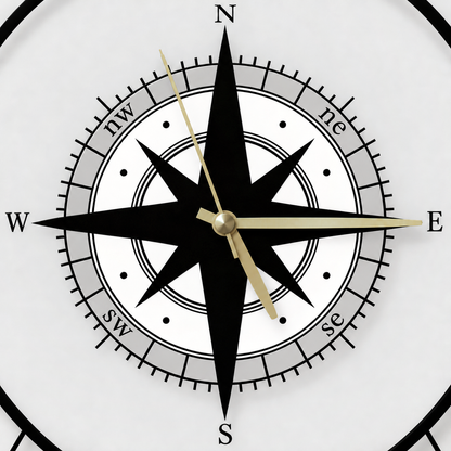 Close view of the clock's black compass rose with lowercase direction letters, graduation ticks and three gold hands