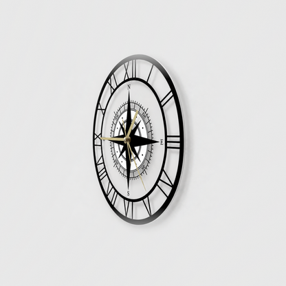 Side view of the compass wall clock showing its thin clear acrylic face and the white center disc standing off it