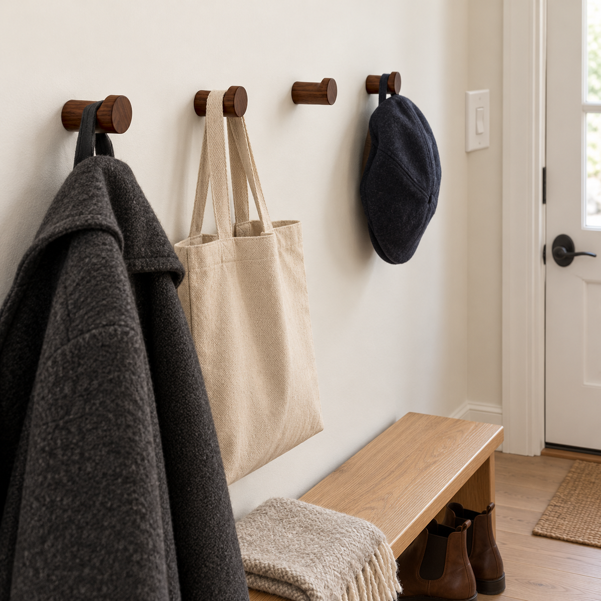 Four walnut wall hooks seen at an angle along an entryway wall above a bench, holding a wool coat, a canvas tote and a flat cap