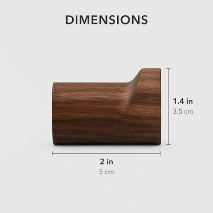 Side view of one walnut wall hook with lines showing 2 inches long and 1.4 inches tall