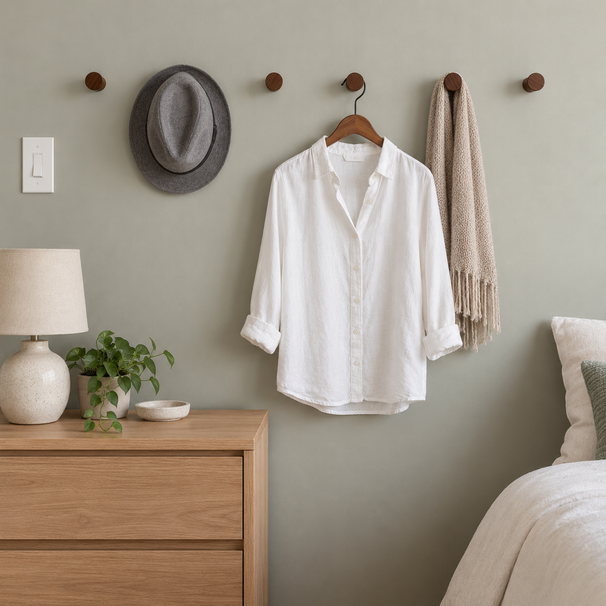 Six walnut wall hooks in a row on a sage gray bedroom wall holding a felt hat, a linen shirt on a hanger and a scarf