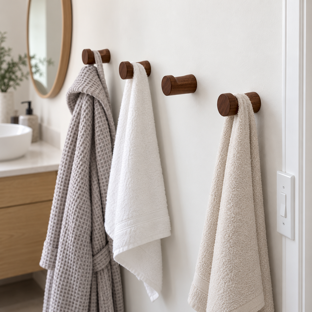 Four walnut wall hooks seen at an angle along a bathroom wall, holding a waffle robe, a white towel, one bare hook and an oatmeal towel