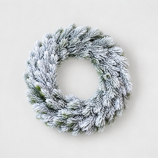 Large plain frosted pine Christmas wreath, 16 inches across, on a light grey background