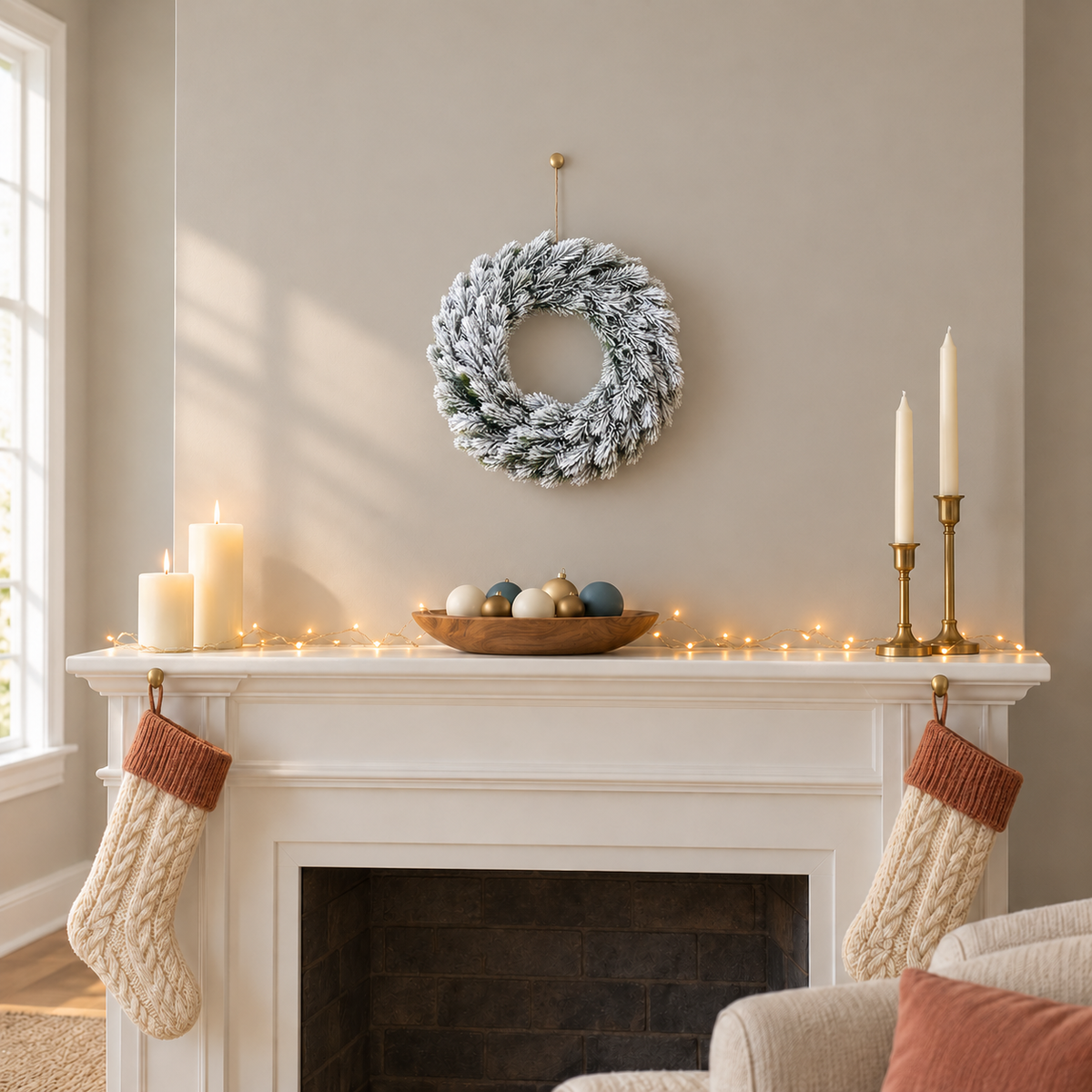 Large frosted pine wreath hanging above a white fireplace mantel with candles, fairy lights and cream stockings