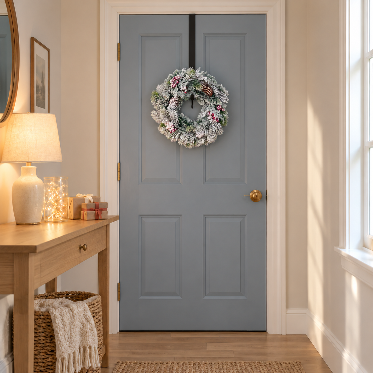 Large frosted pine wreath with berries and pine cones hanging on a blue-grey door in a hallway