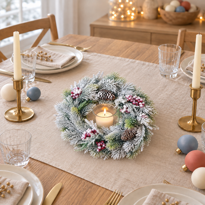 Small frosted pine wreath with berries and pine cones as a centerpiece on a dining table set for lunch