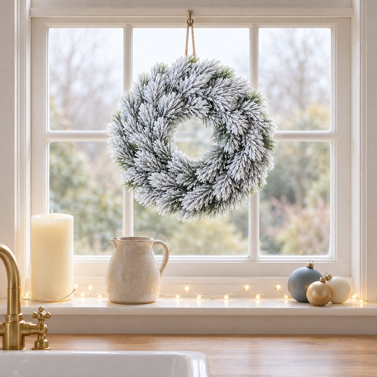 Small plain frosted pine wreath hanging in a white kitchen window above a sill with a candle and baubles