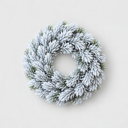 Small plain frosted pine Christmas wreath, 12 inches across, on a light grey background