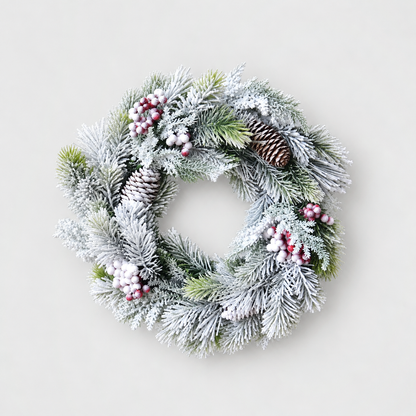 Large frosted pine wreath with red and white berries and pine cones, 16 inches across, on a light grey background
