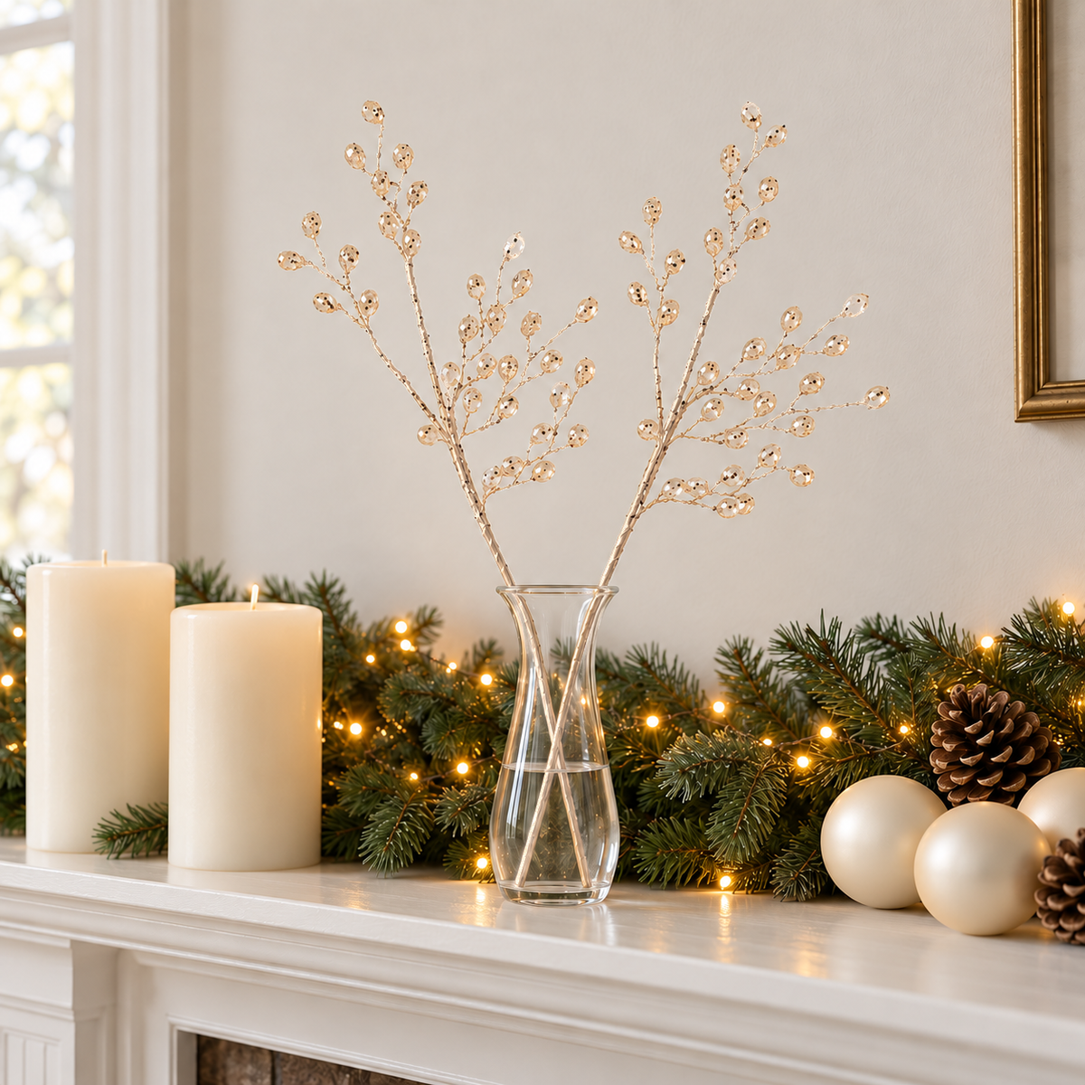 Two gold crystal bead branch picks in a glass bud vase on a Christmas mantel with fairy lights