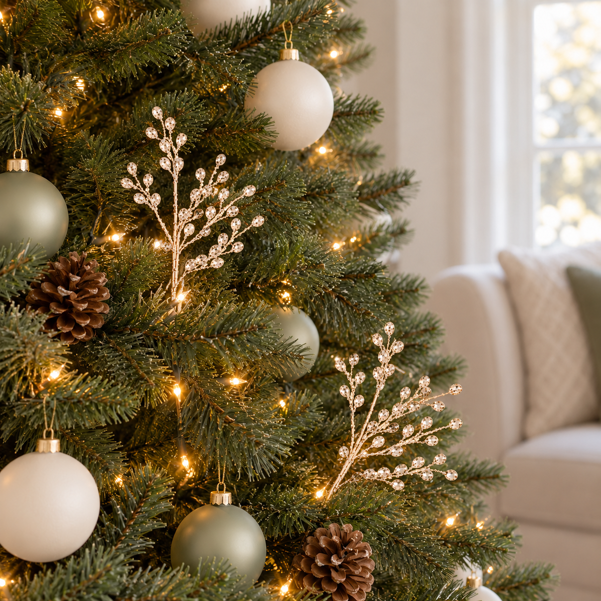 Two crystal bead branch picks tucked into a Christmas tree among ivory baubles and warm lights