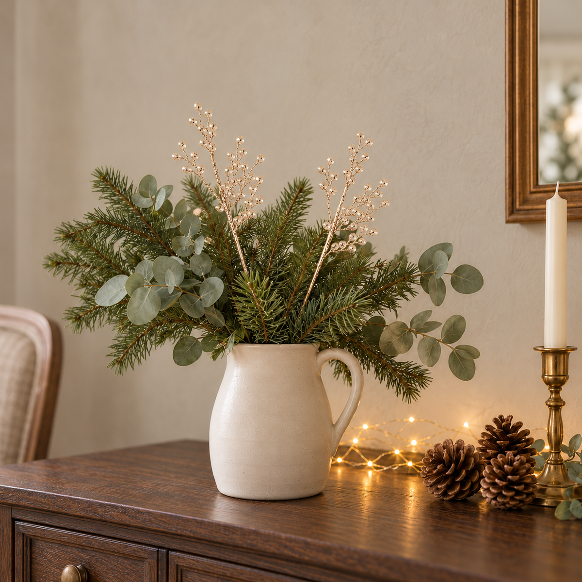 Gold bead branch picks mixed into a jug of fir and eucalyptus on a sideboard