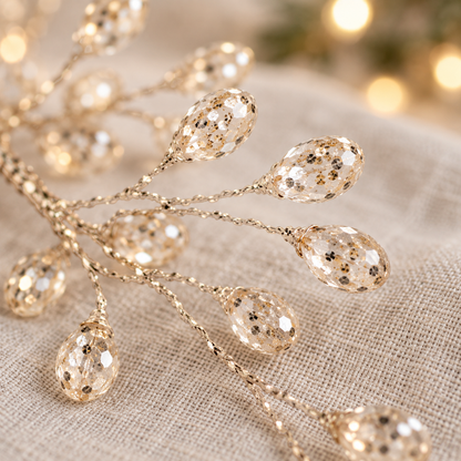 Close-up of clear faceted acrylic beads with gold flecks on fine gold wire sprigs