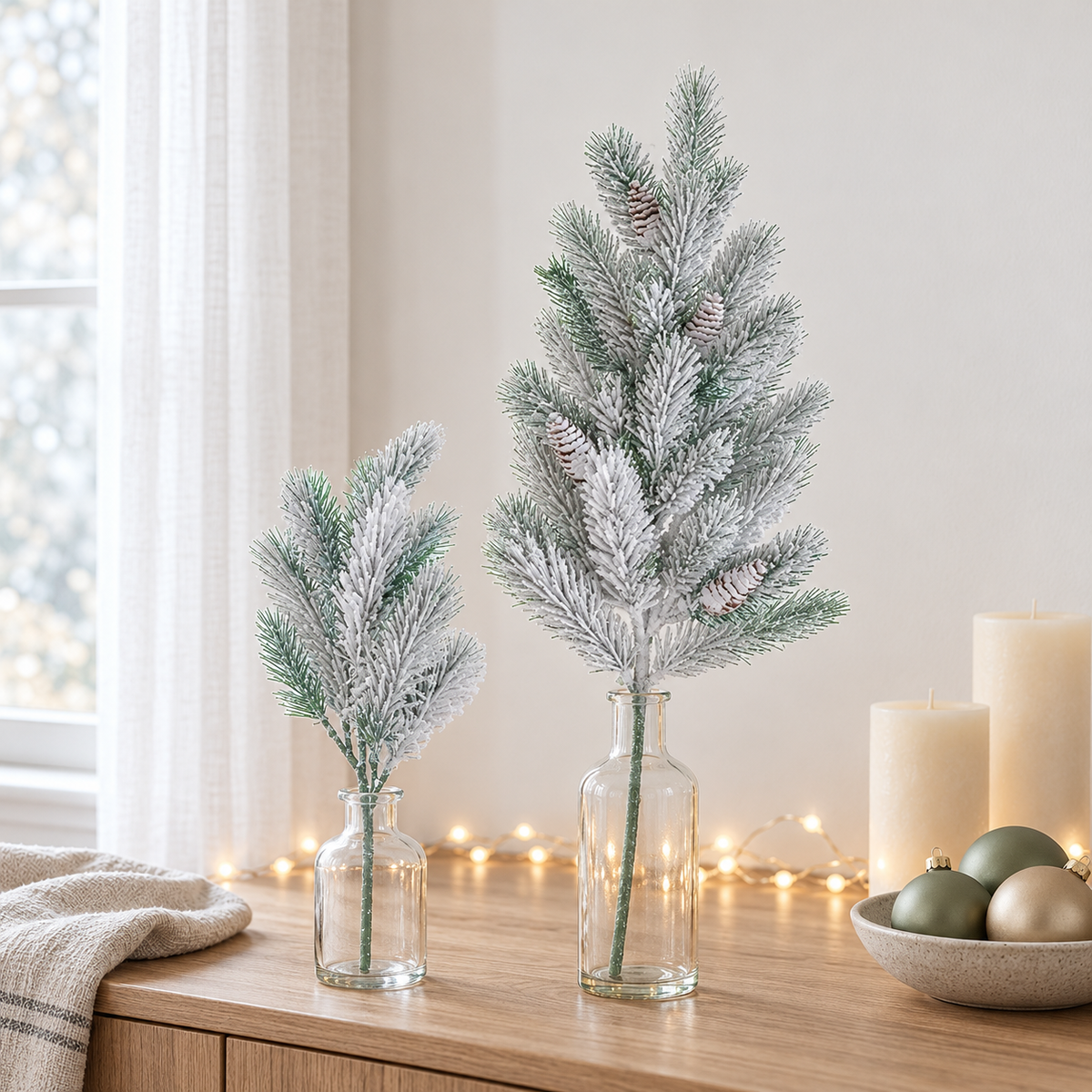 Two frosted pine stems, a tall one with small cones and a short one, in clear glass bottles on an oak sideboard with fairy lights