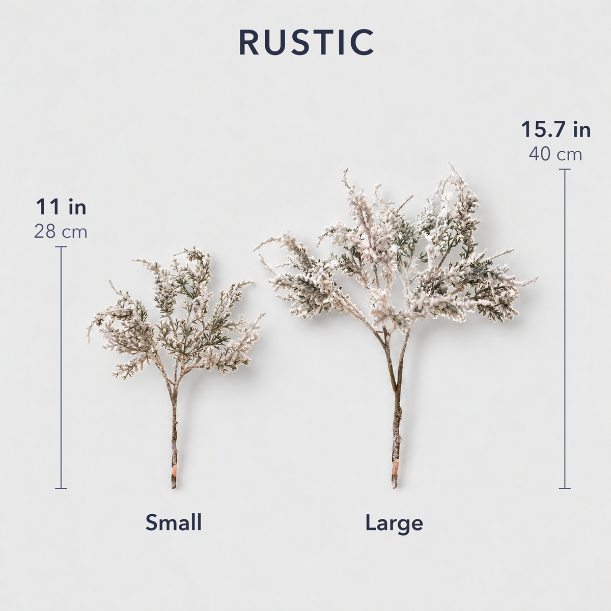 Rustic frosted branch sizes: Small 11 in and Large 15.7 in long