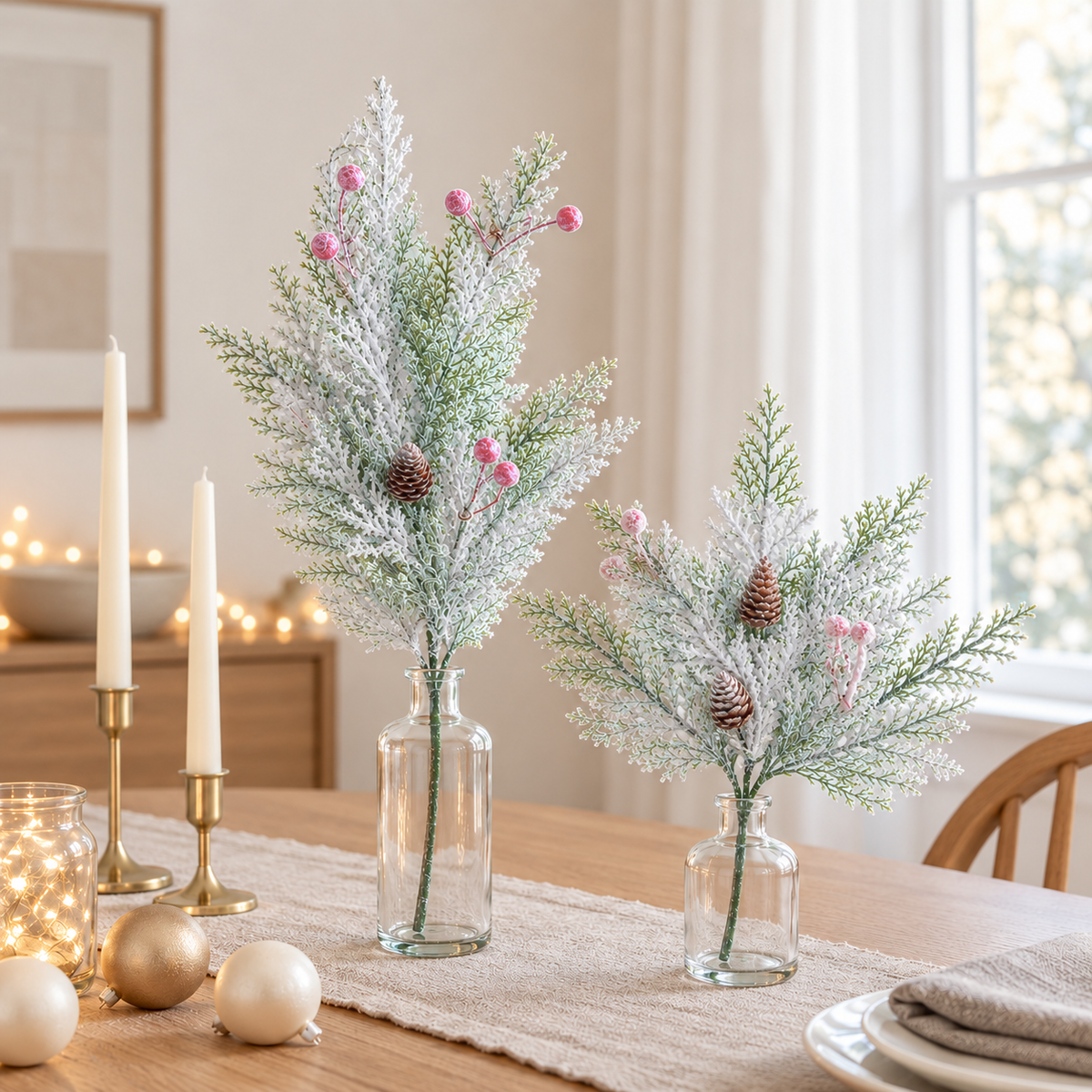 Frosted cypress stems with red and pale pink berries and brown cones in clear bottles on a winter dining table