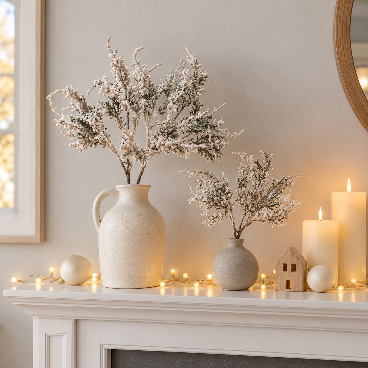 Rustic frosted branches in a cream jug and a small vase on a mantel with candles and fairy lights